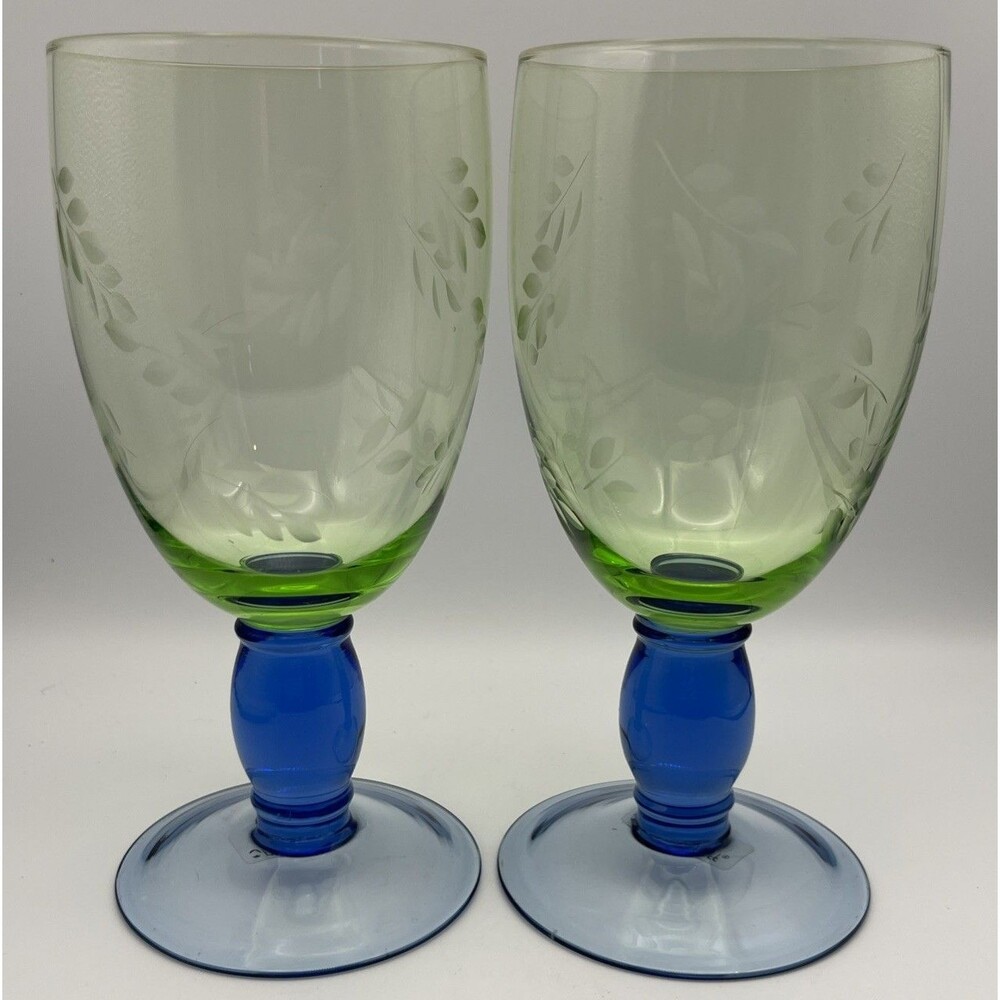 Pfaltzgraff Summer Breeze Blue Green Etched Leaf Water Iced Tea Goblets-Set of 2